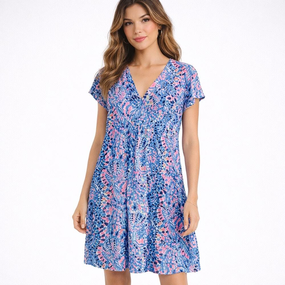 Lilly Pulitzer Duval Tic Tac Tile V-Neck Mini T-Shirt Dress Blue Pink S